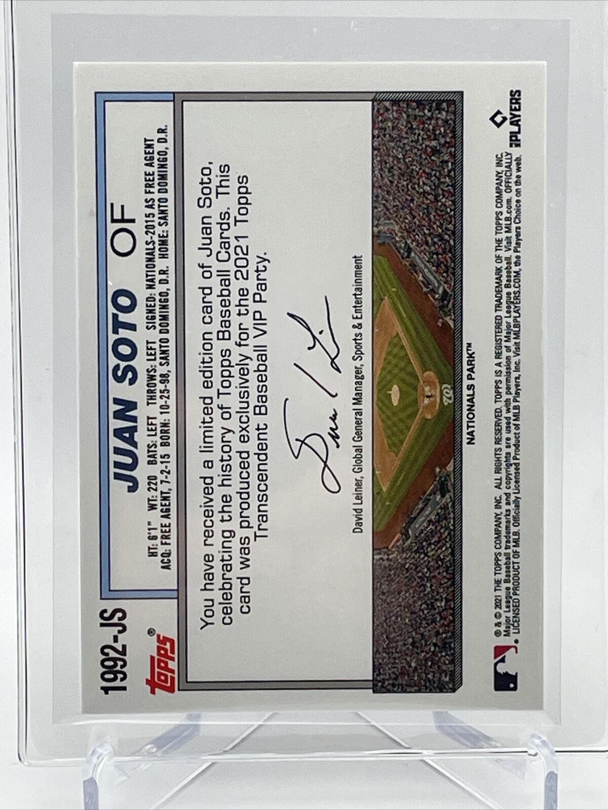 2021 Topps Transcendent Juan Soto Baseball Card #1992-JS 35/95 1992 Topps