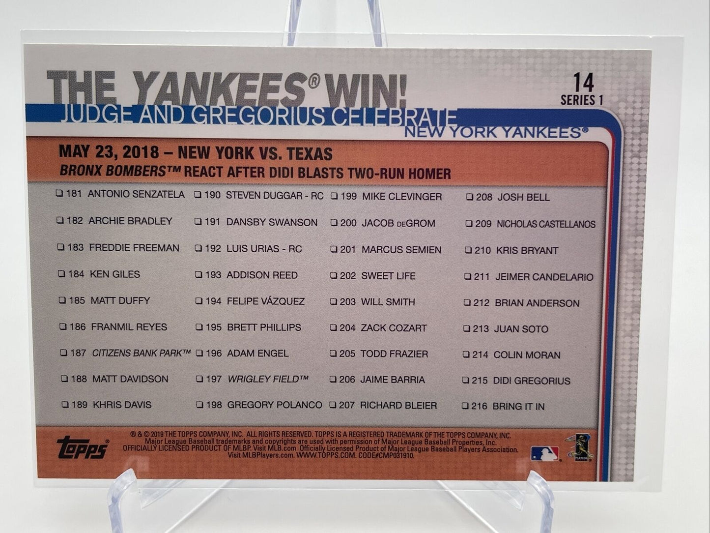 2019 Topps The Yankees Win! Baseball Card #14 Mint FREE SHIPPING