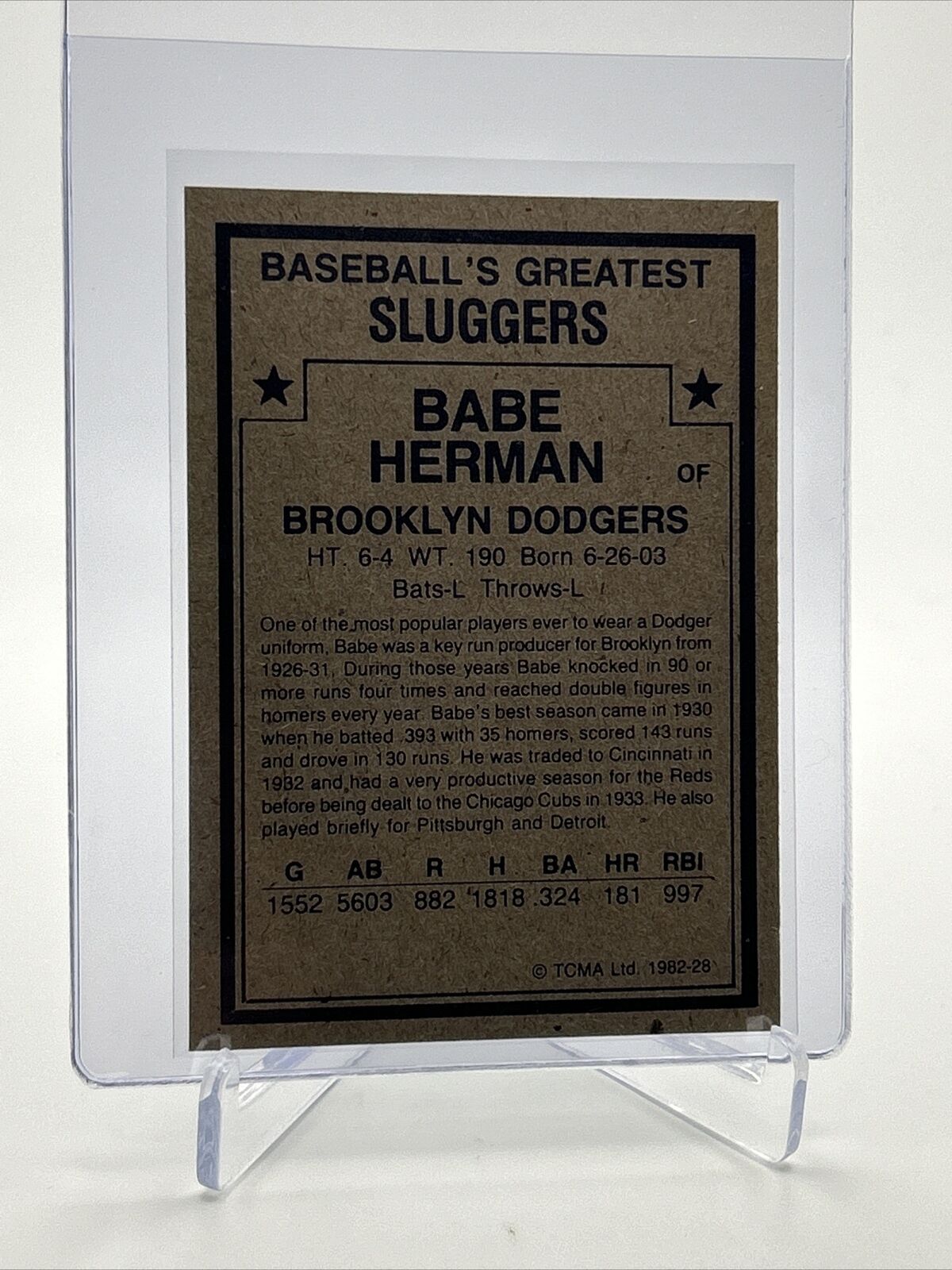 1982 TCMA Greatest Sluggers Babe Herman Baseball Card #28 Mint FREE SHIPPING
