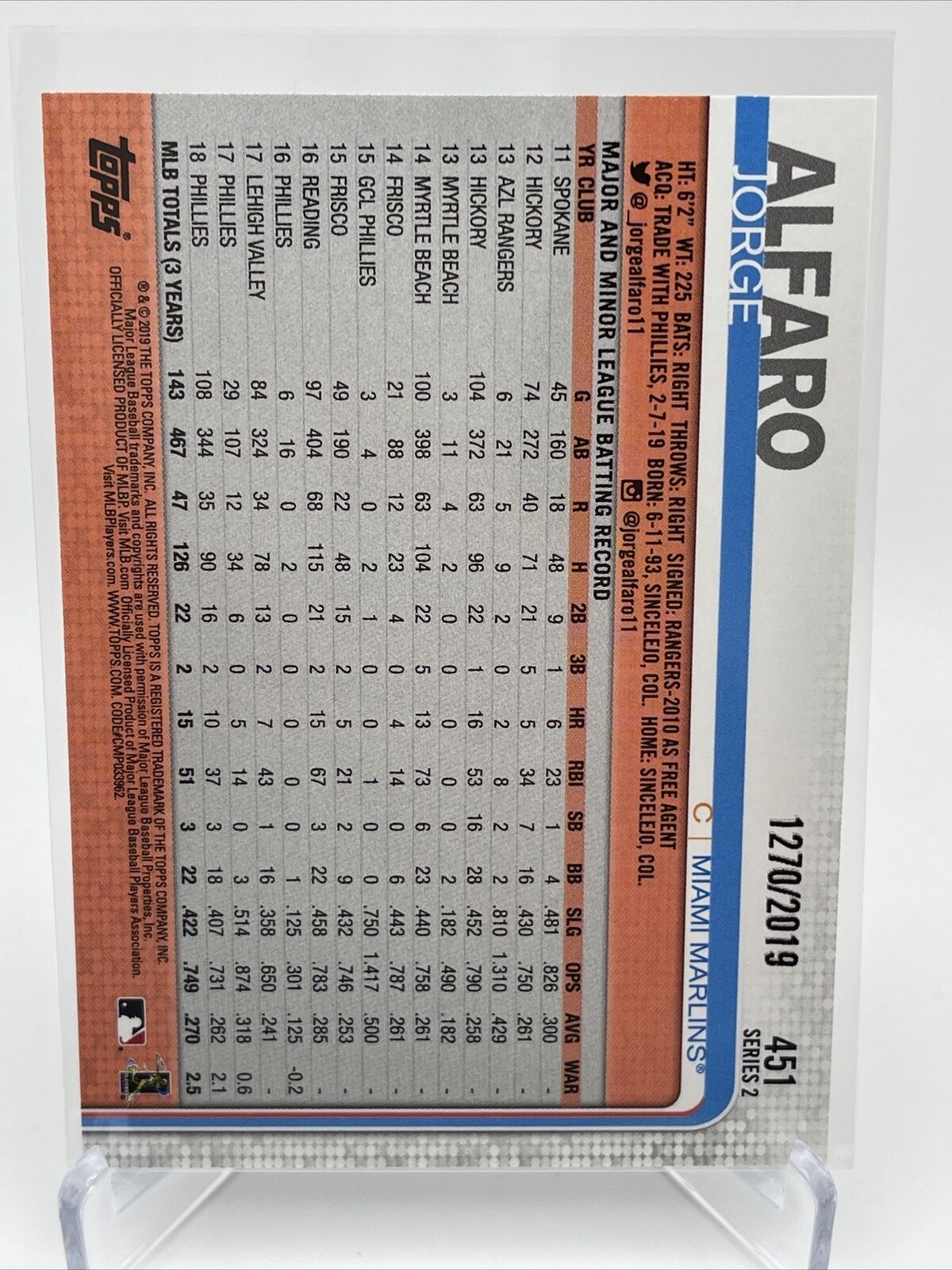 2019 Topps Jorge Alfaro Baseball Card #451 Mint FREE SHIPPING