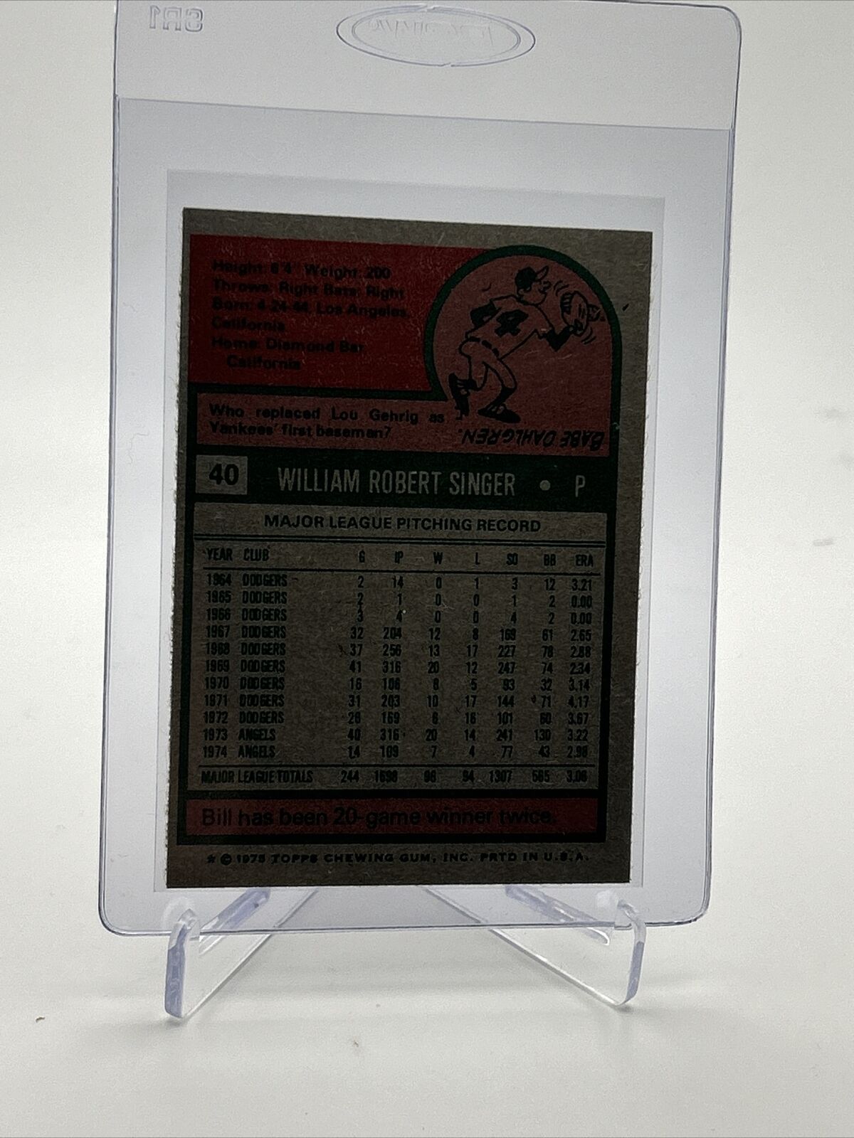 1975 Topps Bill Singer Baseball Card #40 NM Quality FREE SHIPPING