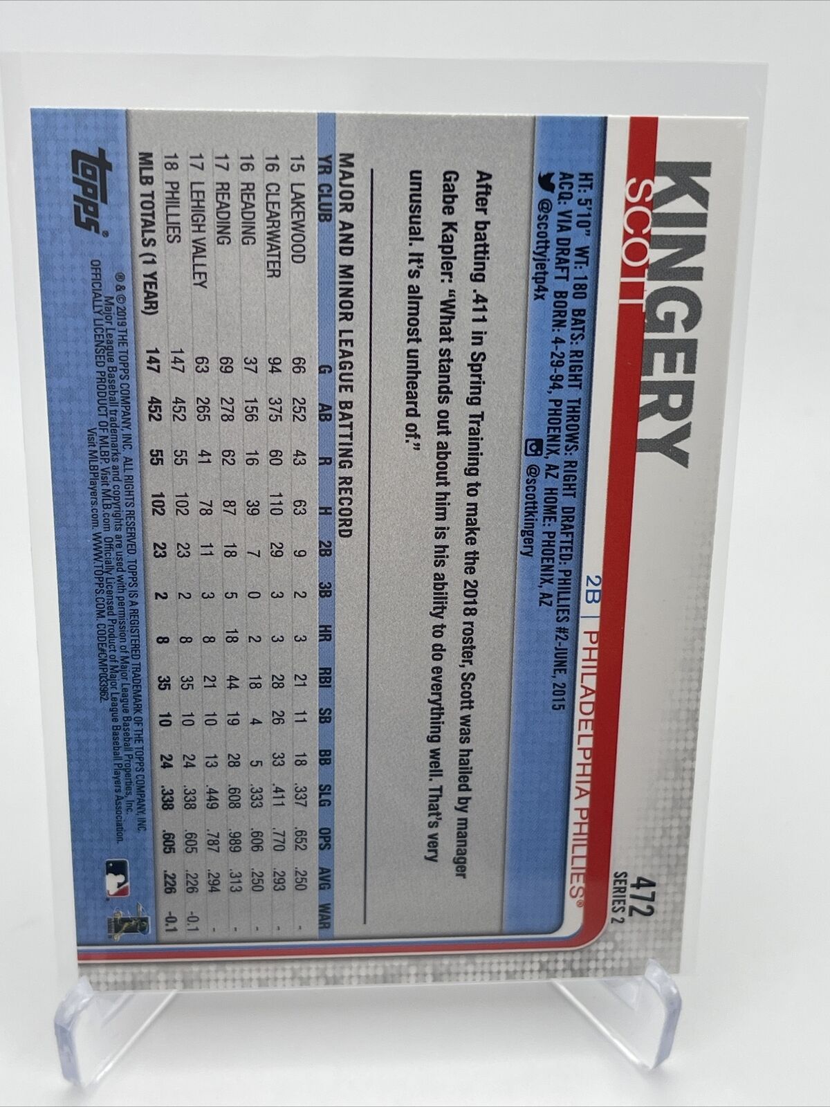 2019 Topps Scott Kingery Baseball Card #472 Mint FREE SHIPPING