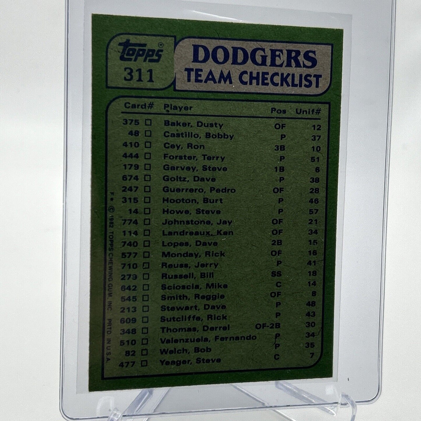 1982 Topps Dodgers Leaders/Checklist Baseball Card #311 NM-Mint FREE SHIPPING