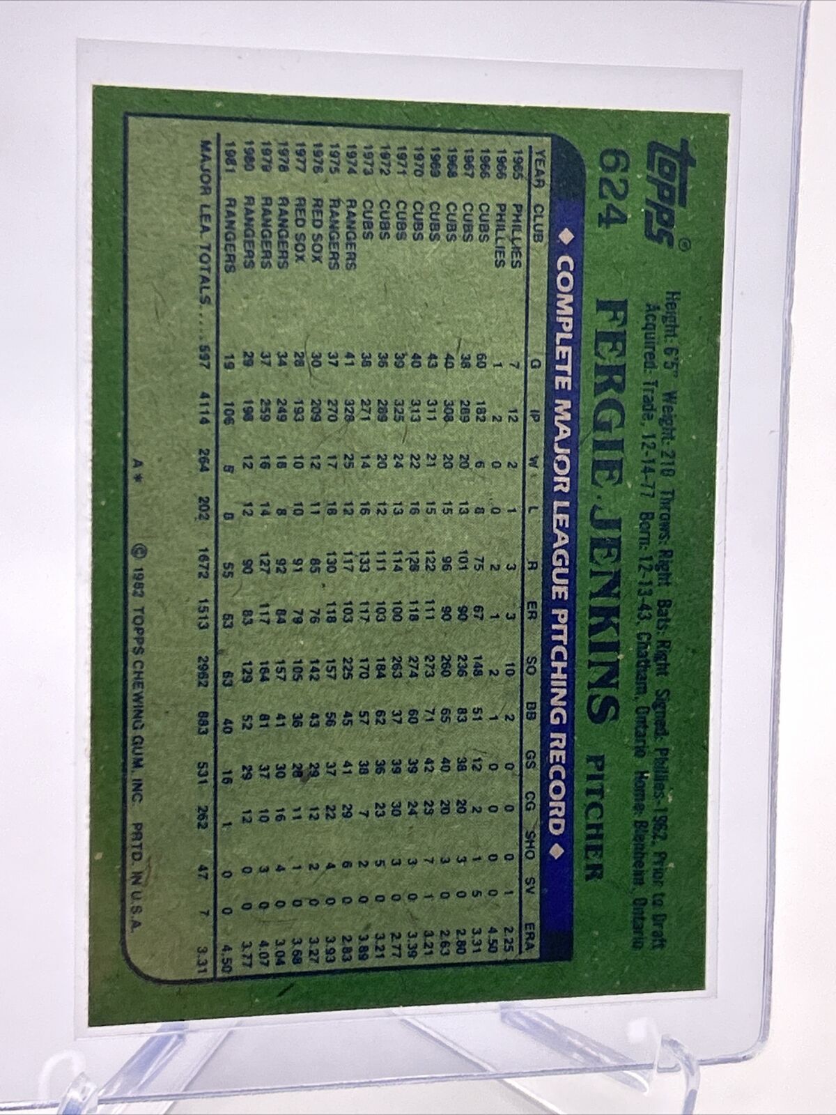 1982 Topps Fergie Jenkins Baseball Card #624 NM-Mint FREE SHIPPING