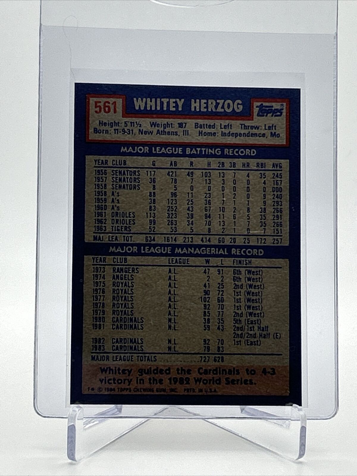 1984 Topps Whitey Herzog Baseball Card #561 NM-Mint FREE SHIPPING