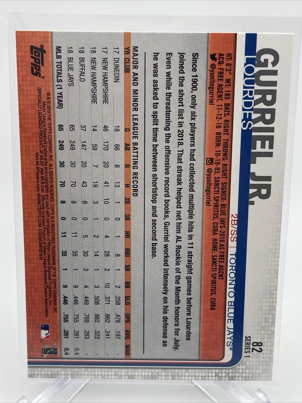 2019 Topps Lourdes Gurriel Jr. Baseball Card #82 Mint FREE SHIPPING