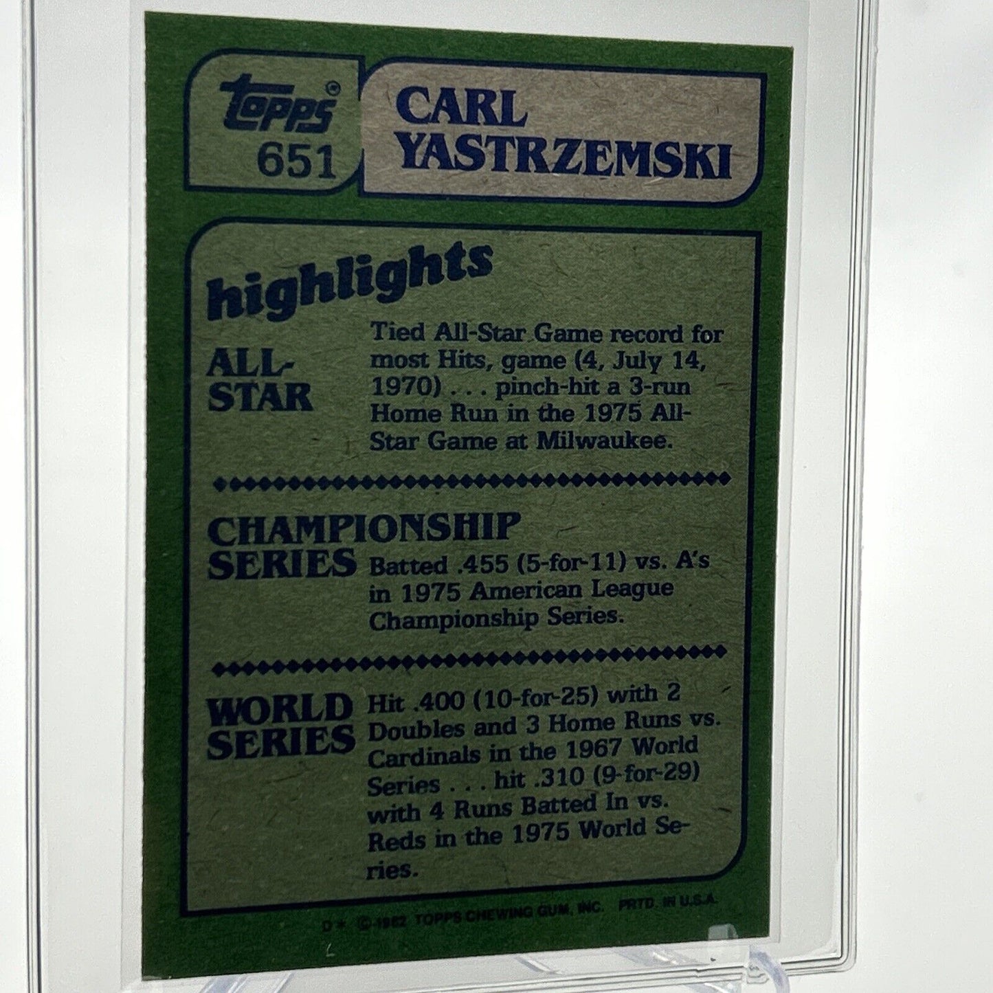 1982 Topps Carl Yastrzemski Baseball Card #651 NM-Mint FREE SHIPPING