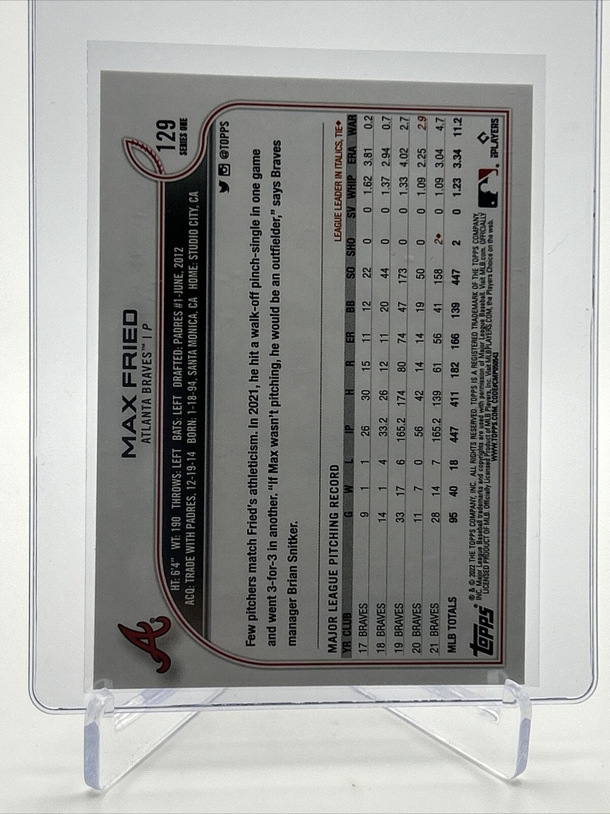 2022 Topps Max Fried Baseball Card #129 Mint FREE SHIPPING