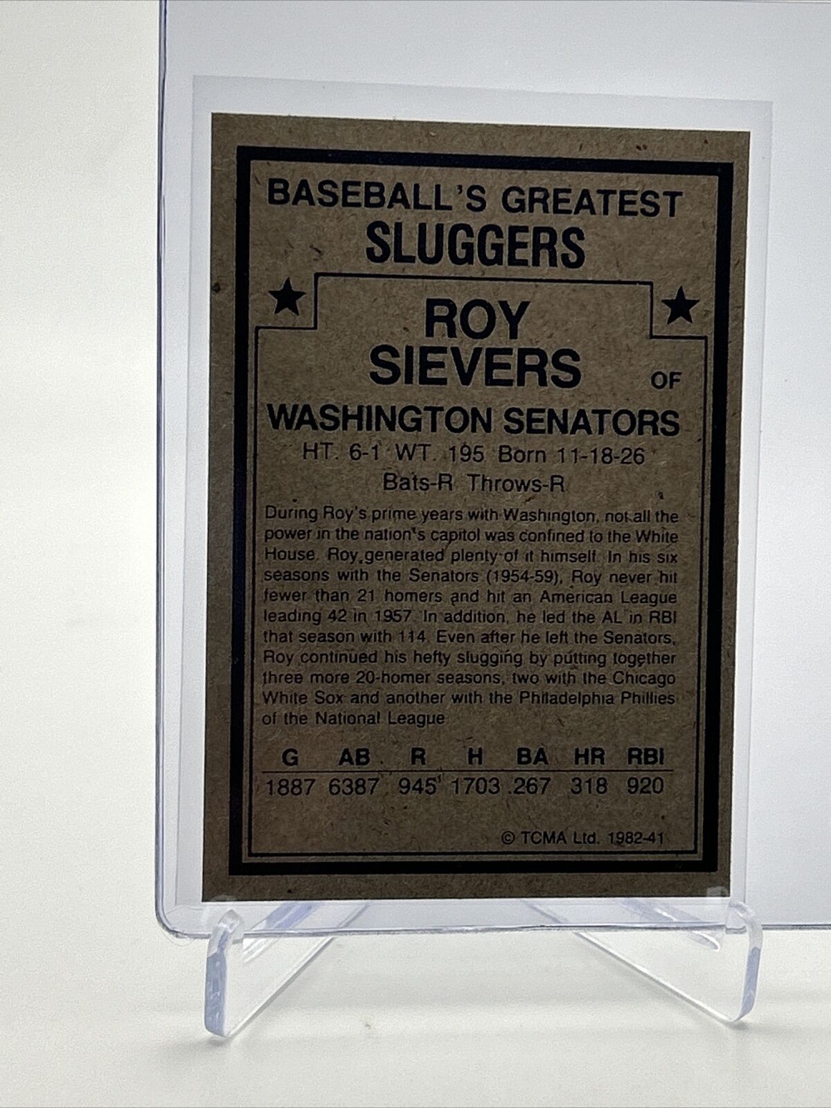 1982 TCMA Greatest Sluggers Roy Sievers Baseball Card #41 Mint FREE SHIPPING