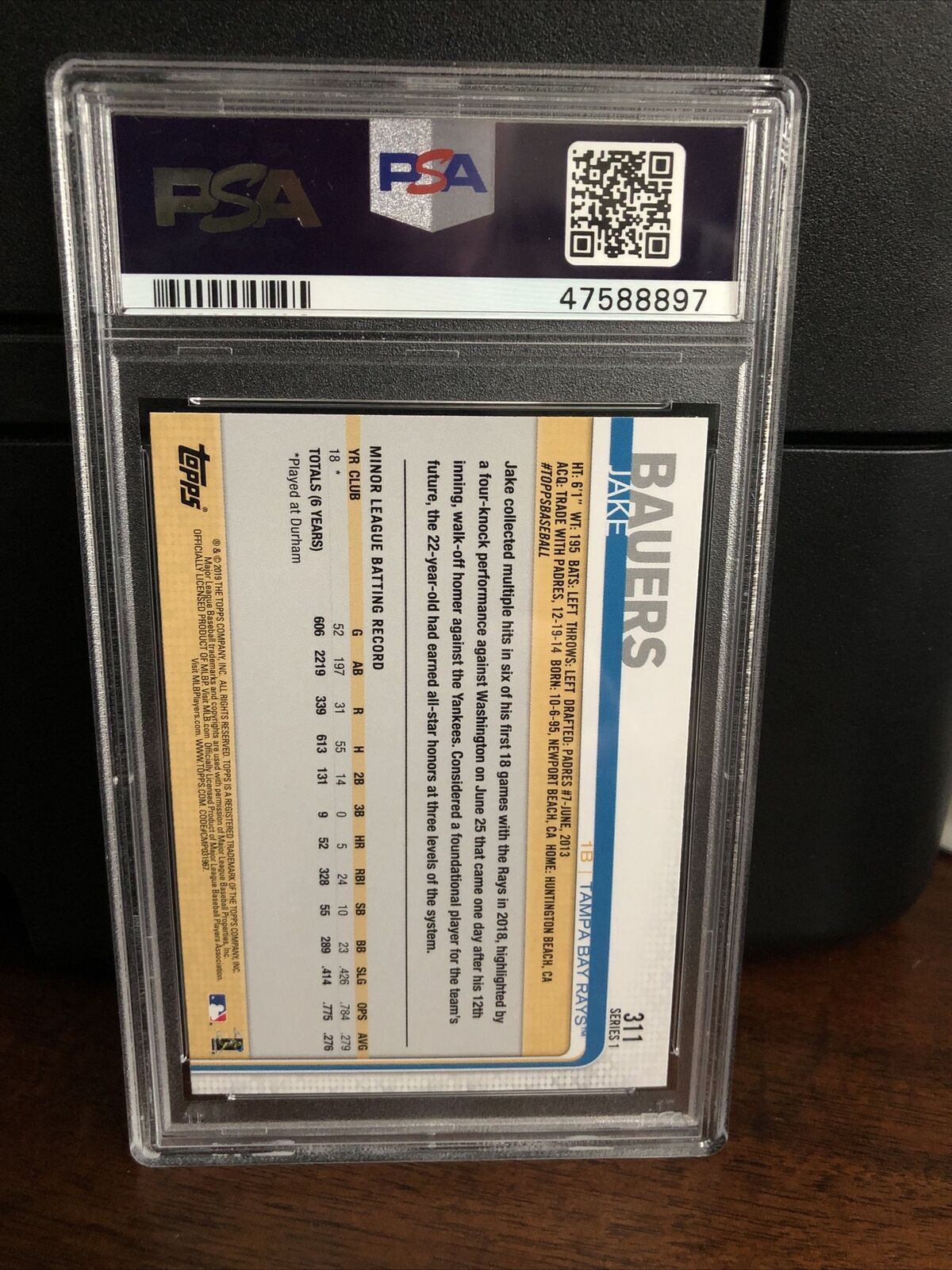 2019 Topps SP Variation Jake Bauers Sitting Rookie Baseball Card #311 PSA 10