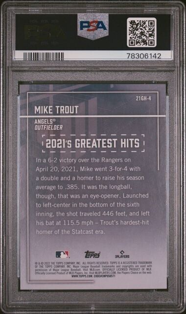 2022 Topps Mike Trout 2021's Greatest Hits Baseball Card #21GH4 PSA 10 Gem Mint