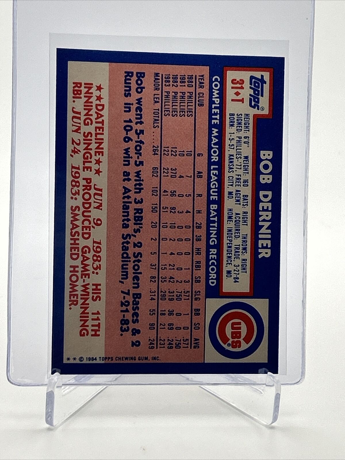 1984 Topps Traded TIFFANY Bob Dernier Card #31T NM-MT FREE SHIPPING