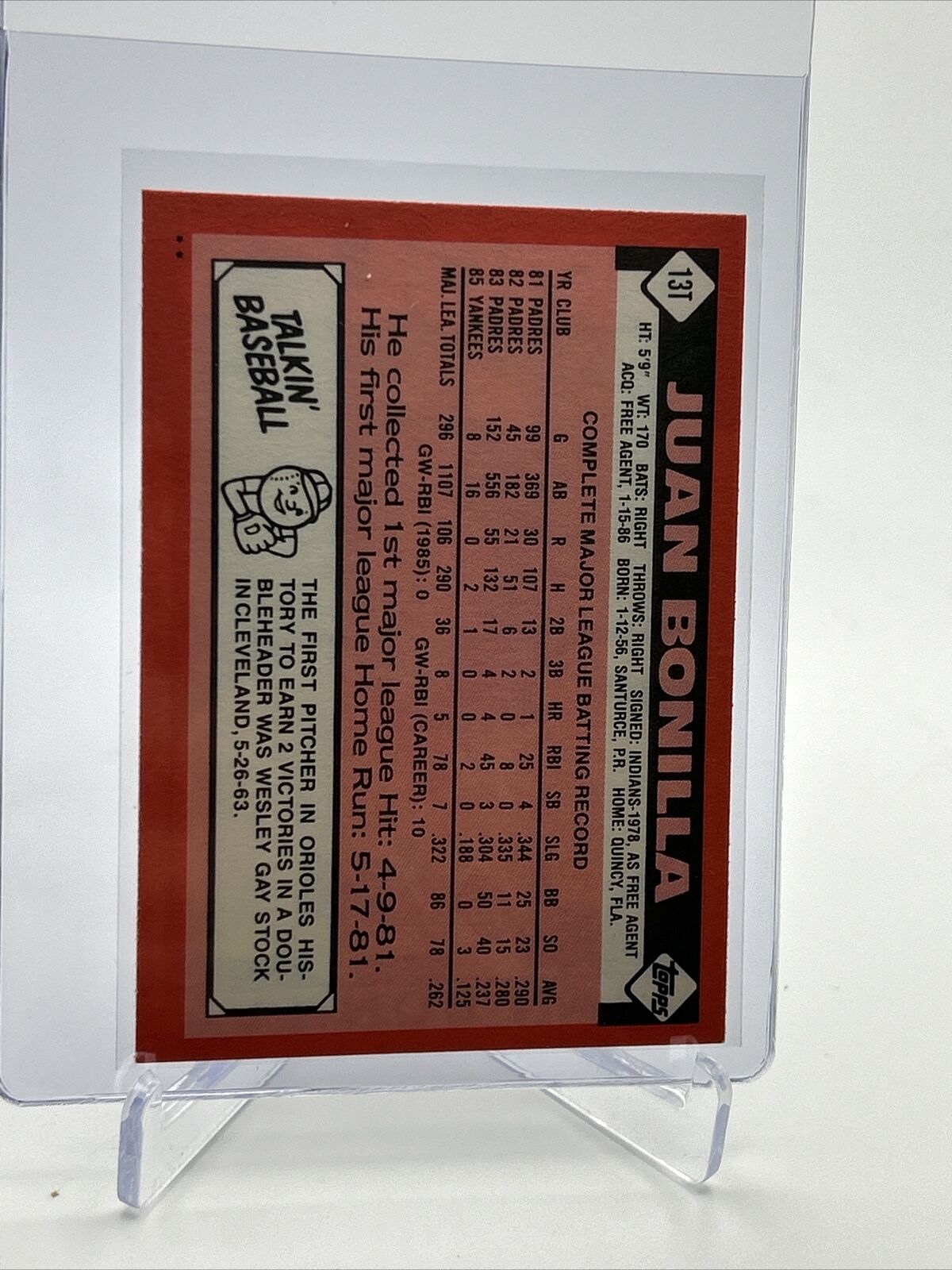 1986 Topps Traded Juan Bonilla Baseball Card #13T NM-MT FREE SHIPPING