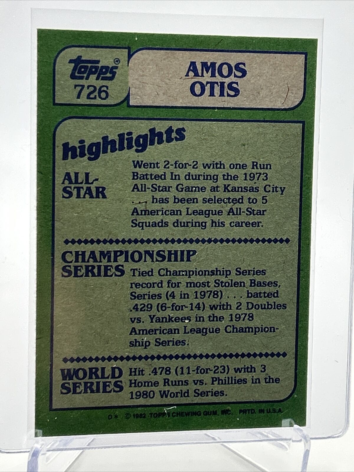 1982 Topps Amos Otis Baseball Card #726 NM-Mint FREE SHIPPING