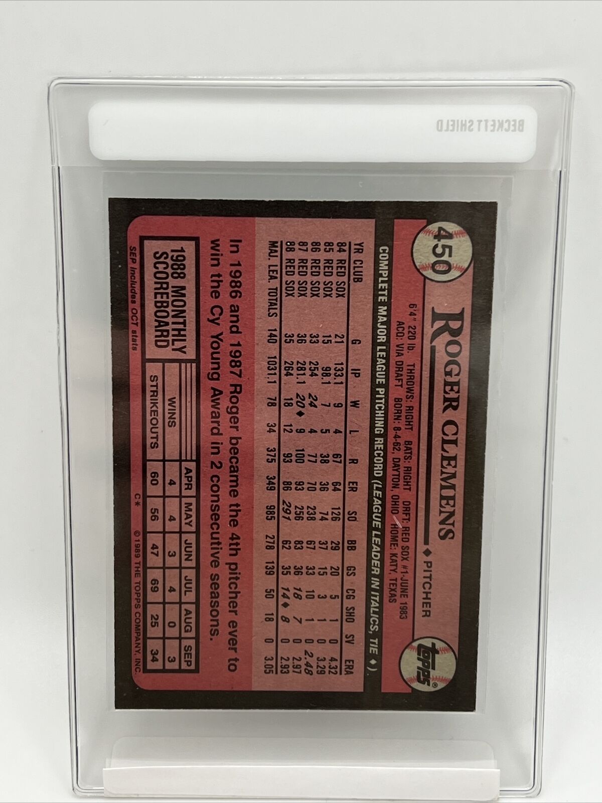 1989 Topps Roger Clemens Baseball Card #450 Mint FREE SHIPPING