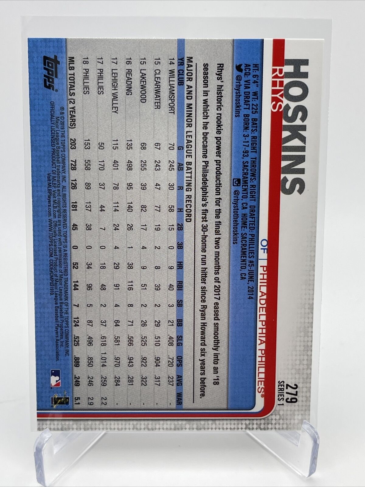 2019 Topps Rhys Hoskins Baseball Card #279 Mint FREE SHIPPING