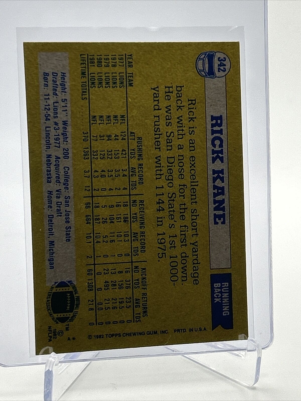 1982 Topps Rick Kane Football Card #342 NM-MT FREE SHIPPING
