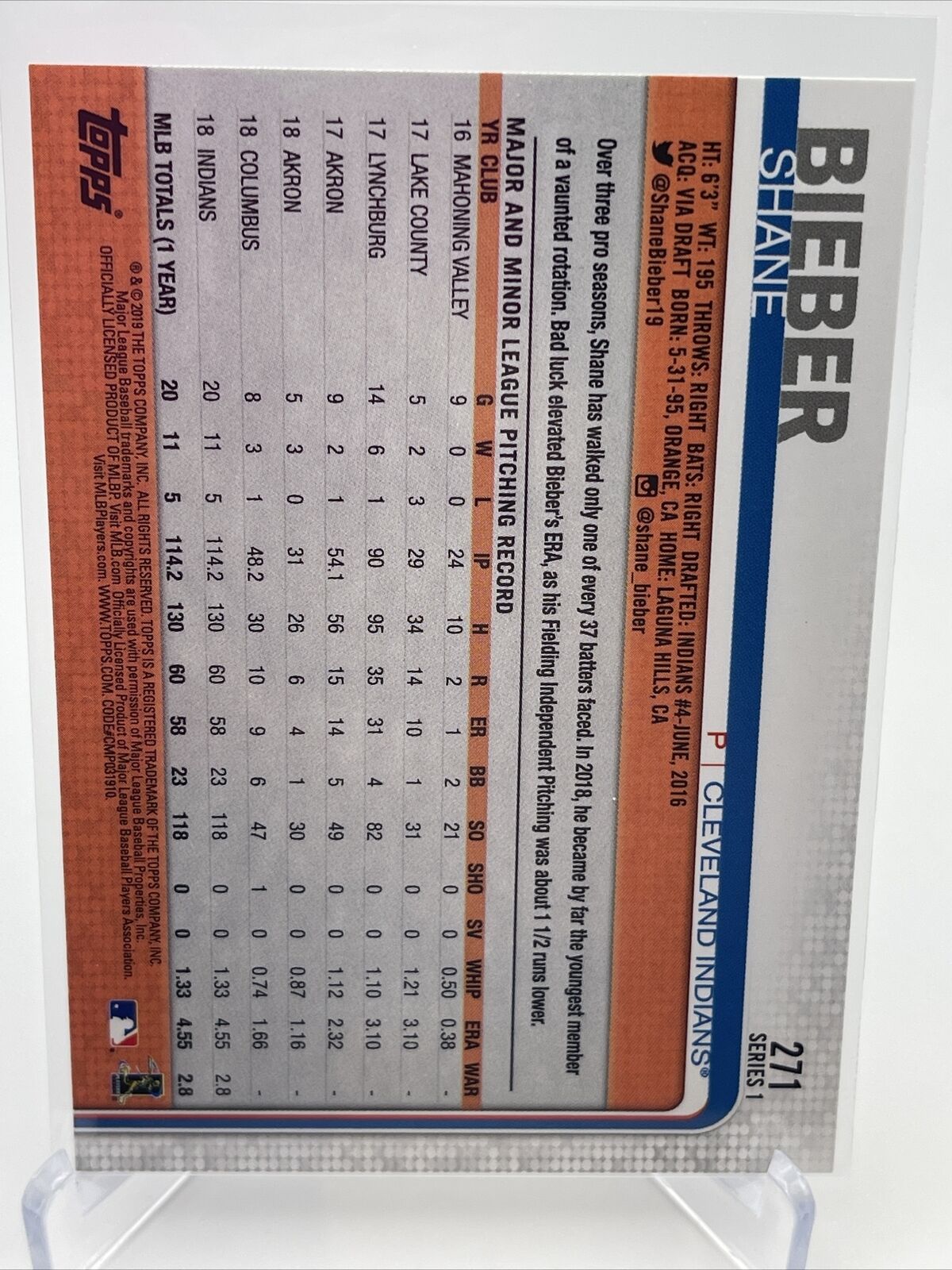 2019 Topps Shane Bieber Baseball Card #271 Mint FREE SHIPPING
