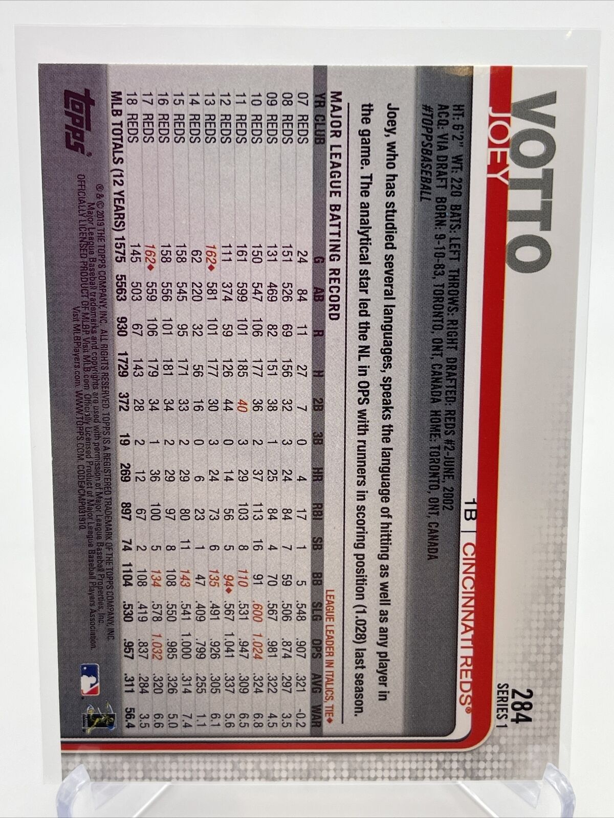 2019 Topps Joey Votto Baseball Card #284 Mint FREE SHIPPING