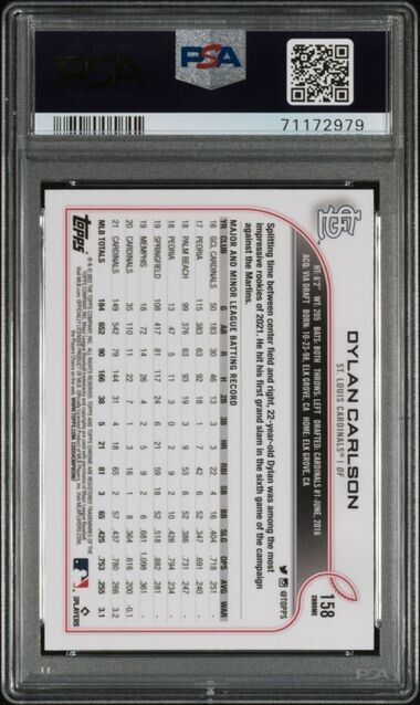 2022 Topps Chrome Dylan Carlson Pink Refractor Baseball Card #158 PSA 10