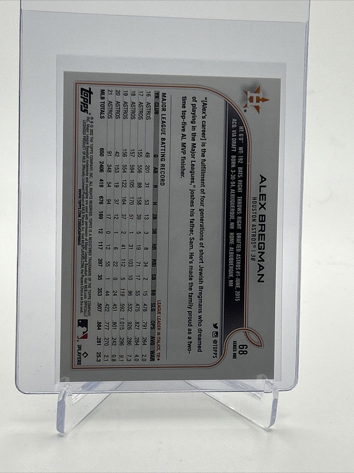 2022 Topps Alex Bregman Baseball Card #68 Mint FREE SHIPPING