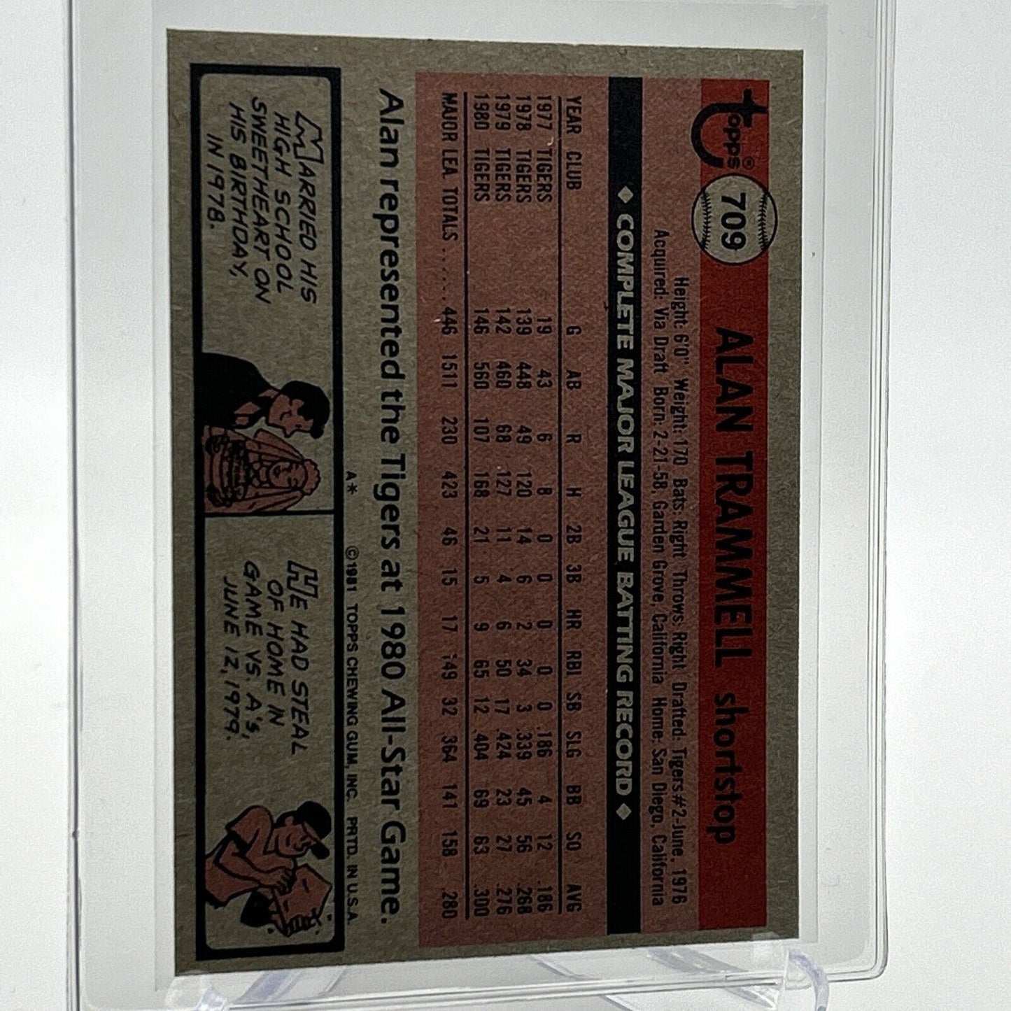 1981 Topps Alan Trammell Baseball Card #709 NM-Mint FREE SHIPPING