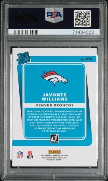 2021 Panini Donruss Javonte Williams Rookie Football Card #275 PSA 10 Gem Mint