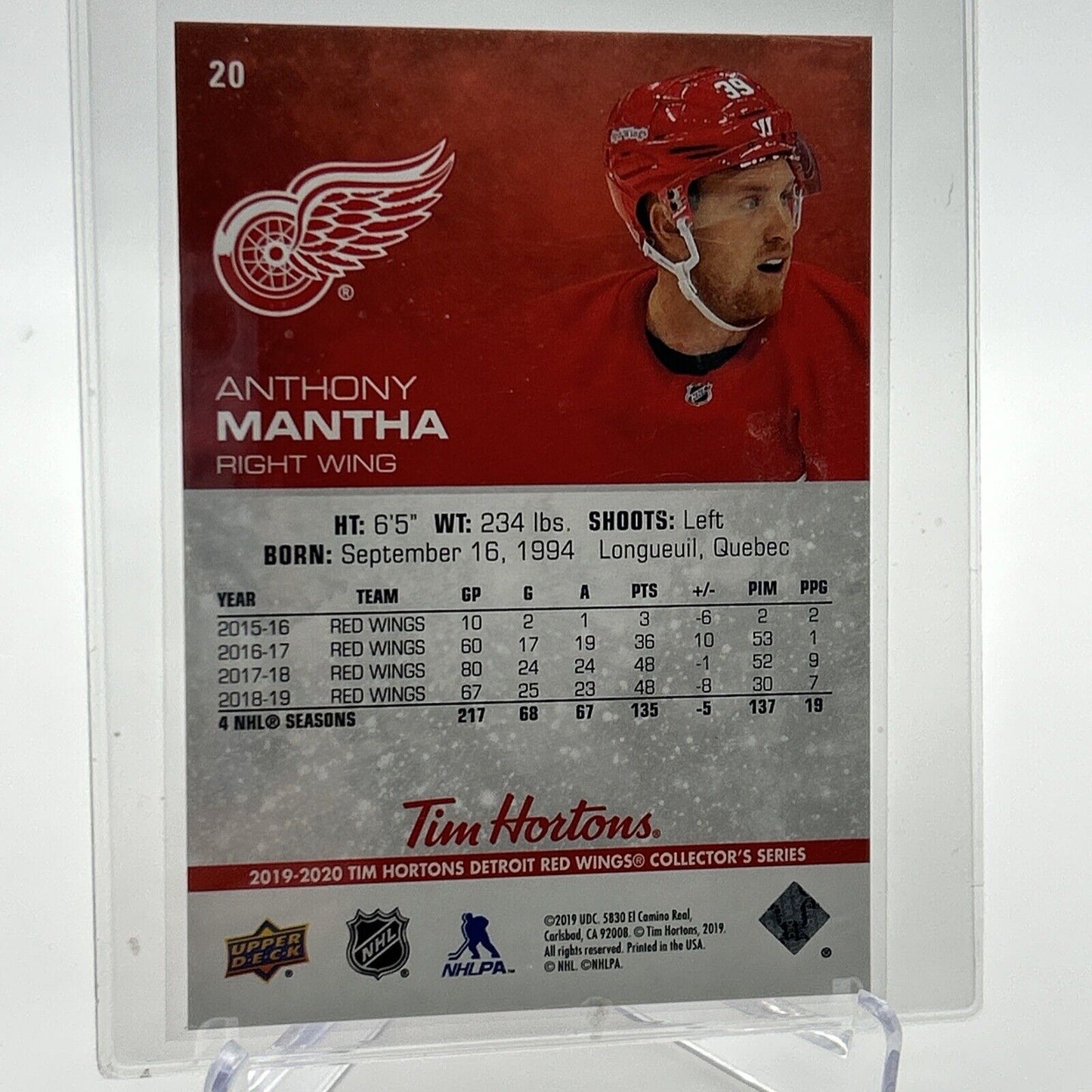 2019-20 Upper Deck Tim Hortons Anthony Mantha Hockey Card #20 Mint FREE SHIPPING