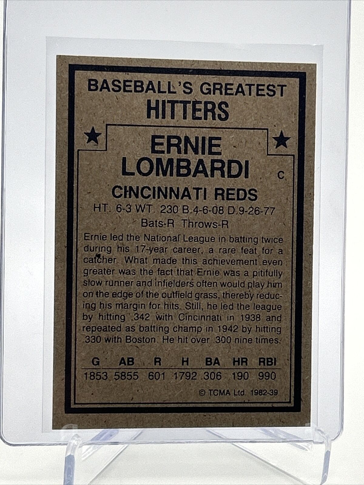 1982 TCMA Greatest Hitters Ernie Lombardi Baseball Card #39 Mint FREE SHIPPING