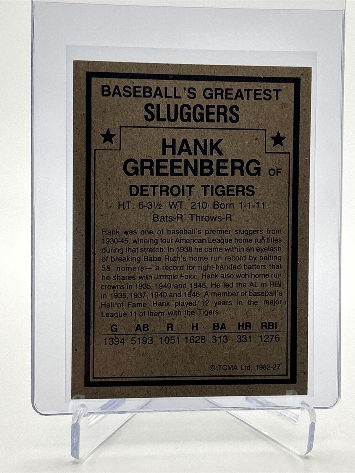 1982 TCMA Greatest Sluggers Hank Greenberg Baseball Card #27 Mint FREE SHIPPING