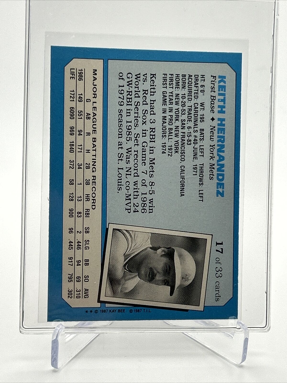 1987 Topps Kay-bee Keith Hernandez Baseball Card #17 Mint FREE SHIPPING