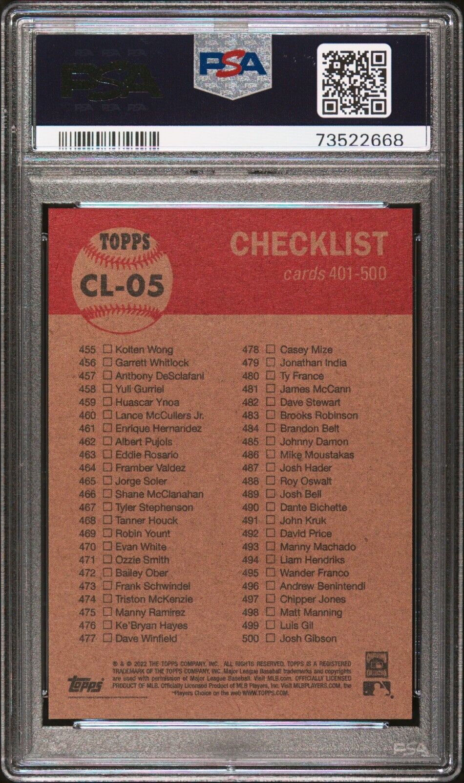2022 Topps Living Set Checklist 401-500 Baseball Card #CL05 PSA 10 Gem Mint
