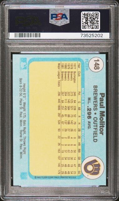 1982 Fleer Paul Molitor Baseball Card #148 PSA 8 NM-MT
