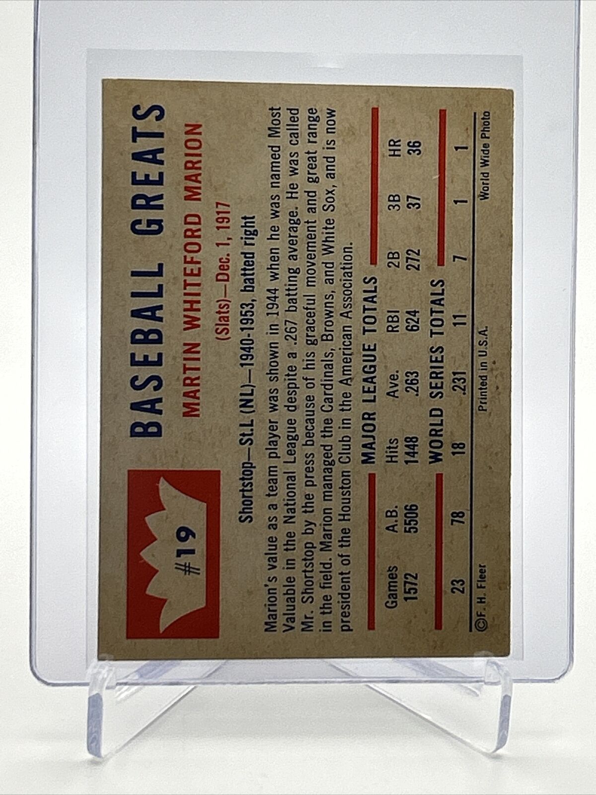 1960 Fleer Baseball Greats Marty Marion Card #19 VG-EX Quality FREE SHIPPING