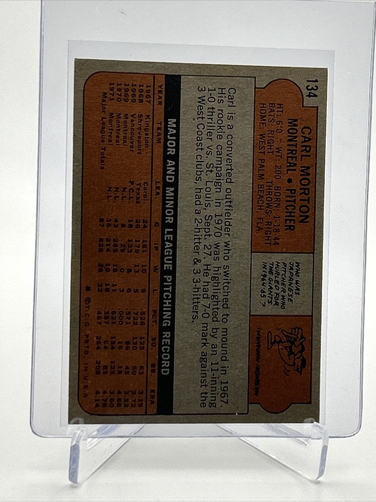 1972 Topps Carl Morton Baseball Card #134 Poor Quality FREE SHIPPING