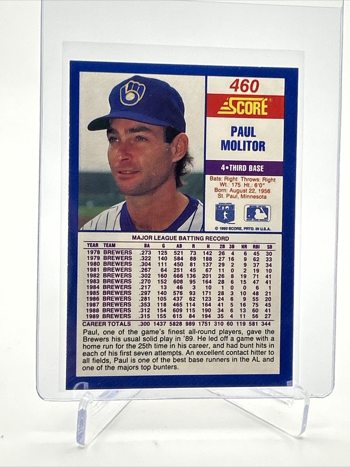 1990 Score Paul Molitor Baseball Card #460 Mint FREE SHIPPING