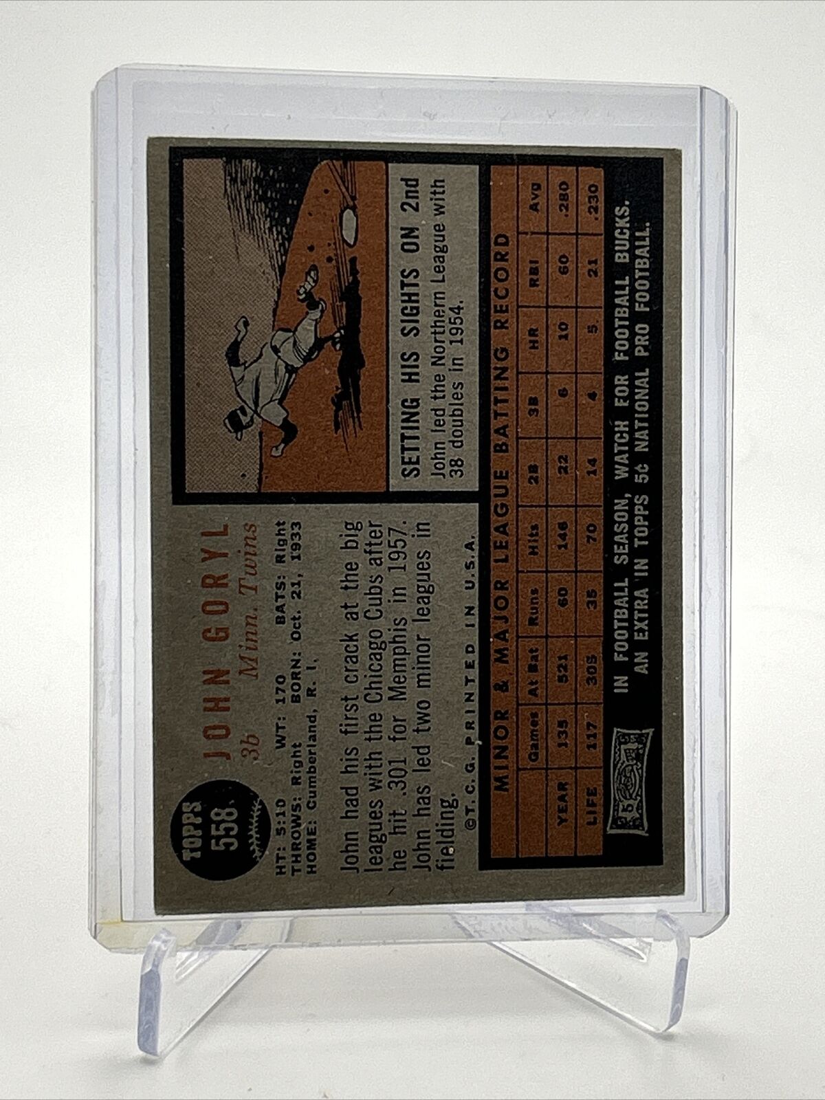 1962 Topps John Goryl Baseball Card #558 VG-EX Quality FREE SHIPPING