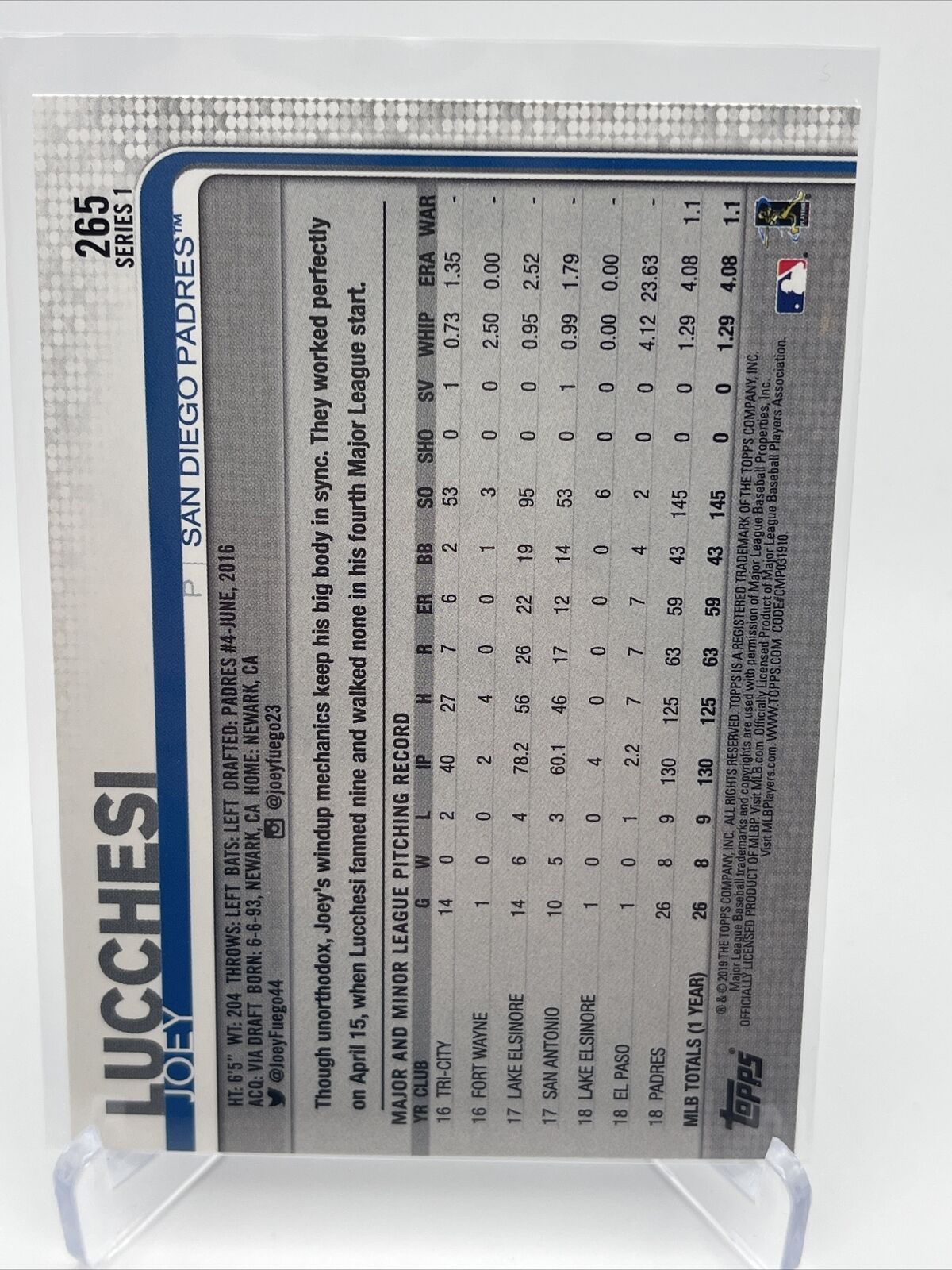 2019 Topps Joey Lucchesi Baseball Card #265 Mint FREE SHIPPING
