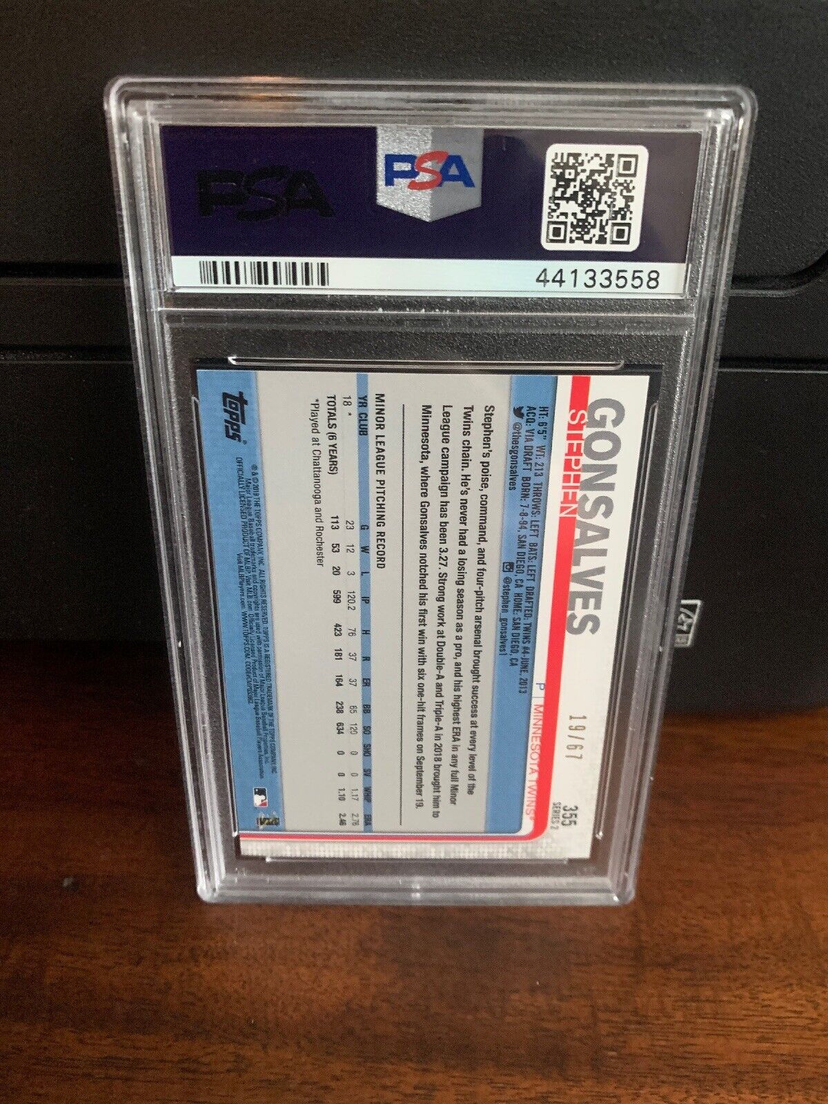 2019 Topps Stephen Gonsalves BLACK Rookie PSA 10 Gem Mint POP 1 #355