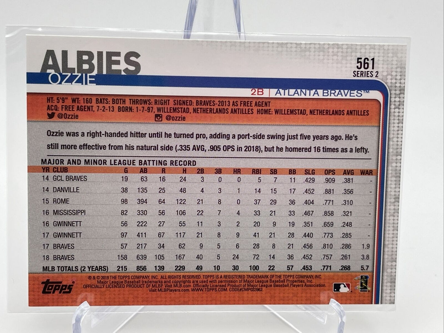 2019 Topps Ozzie Albies Baseball Card #561 Mint FREE SHIPPING