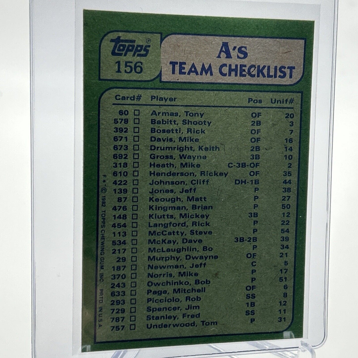 1982 Topps A's Leaders/Checklist Baseball Card #156 NM-Mint FREE SHIPPING