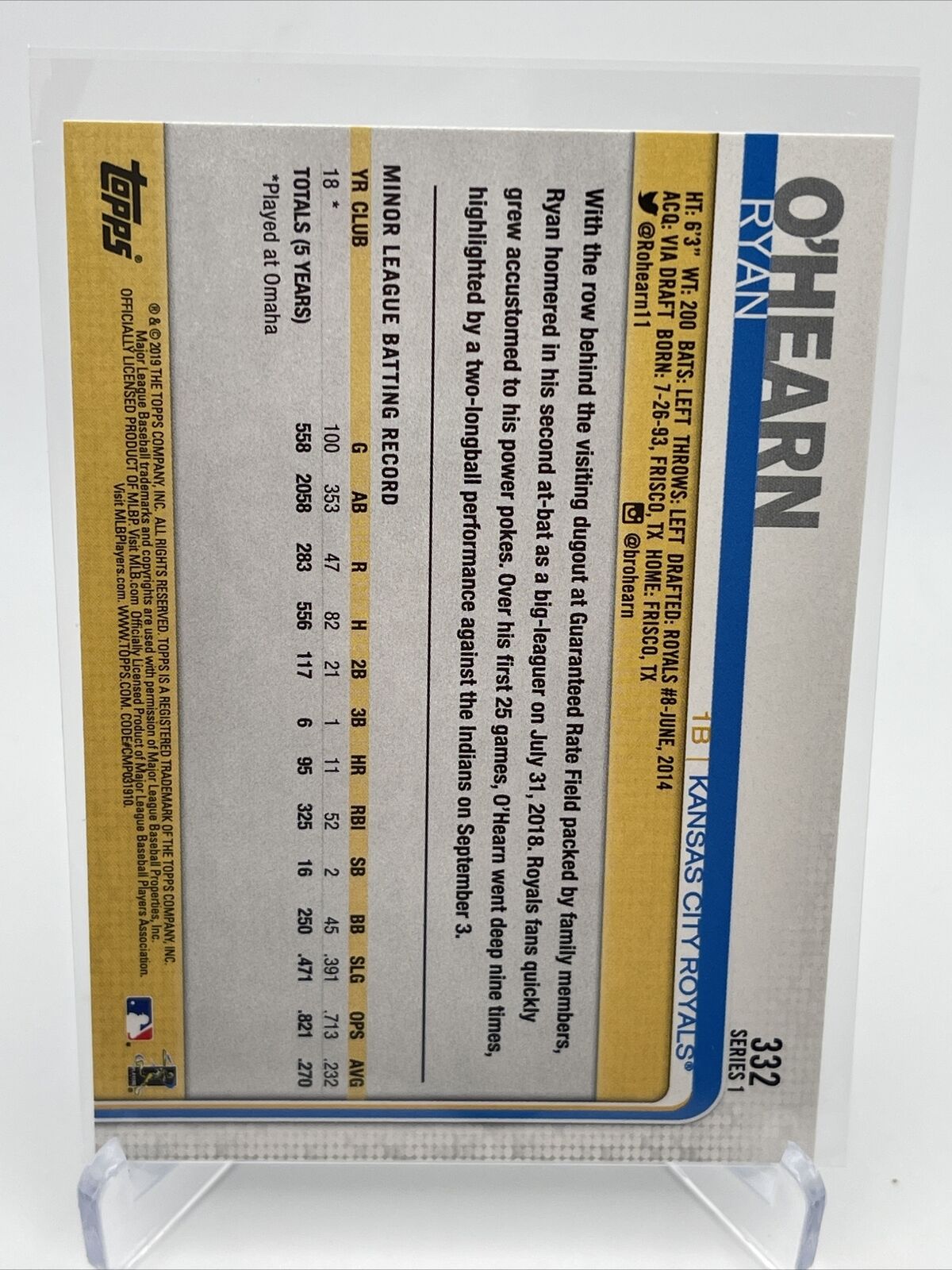 2019 Topps Ryan O'Hearn Baseball Card #332 Mint FREE SHIPPING