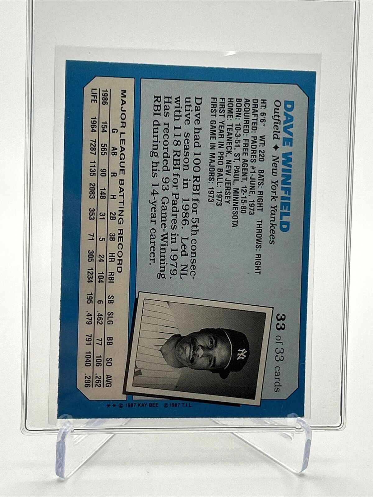 1987 Topps Kay-bee Dave Winfield Baseball Card #33 Mint FREE SHIPPING