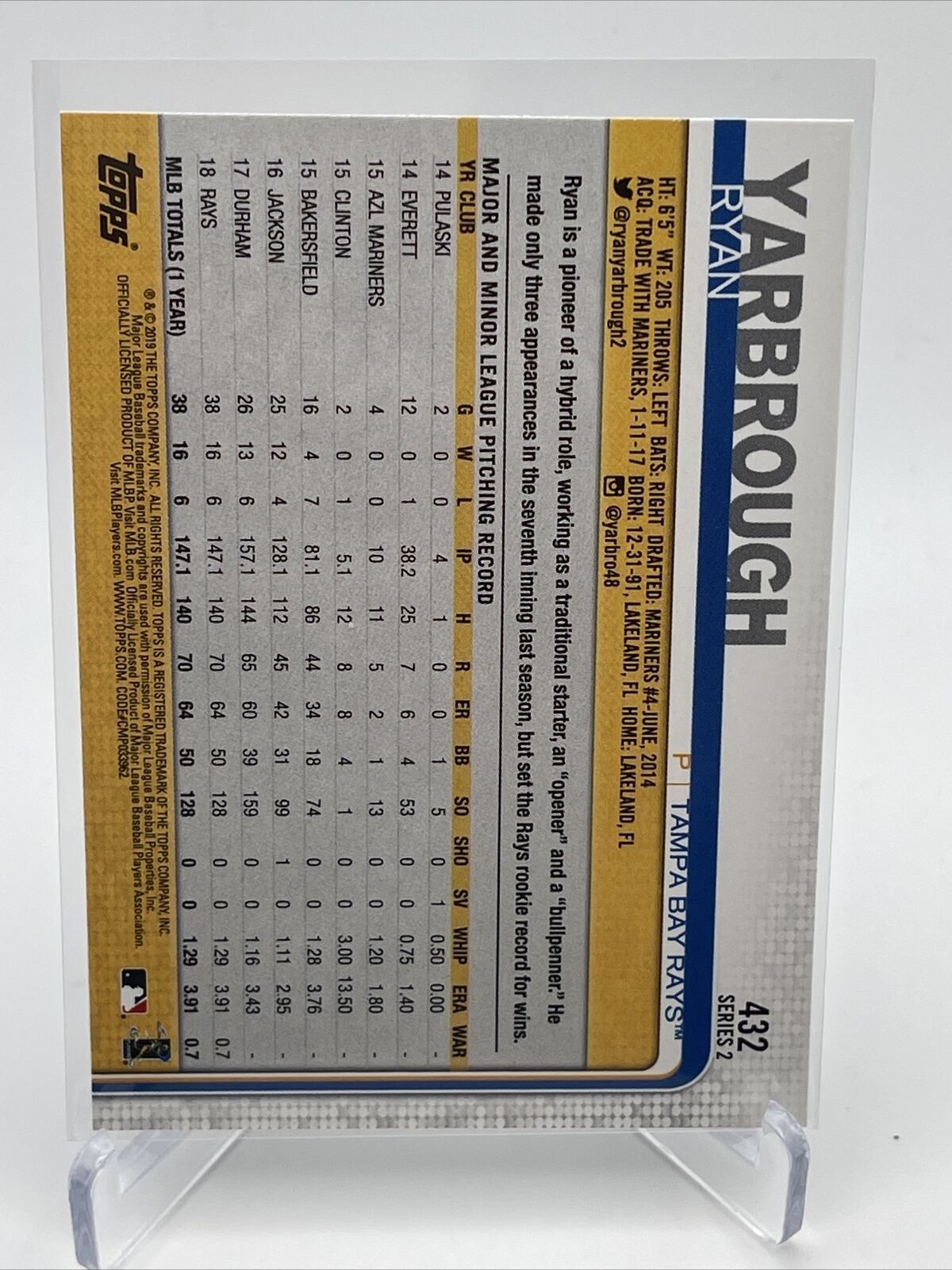 2019 Topps Ryan Yarbrough Baseball Card #432 Mint FREE SHIPPING
