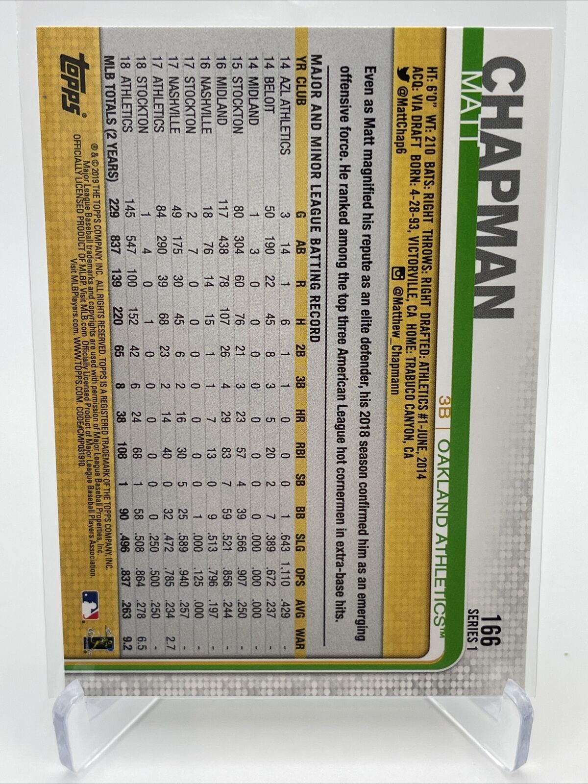 2019 Topps Matt Chapman Baseball Card #166 Mint FREE SHIPPING