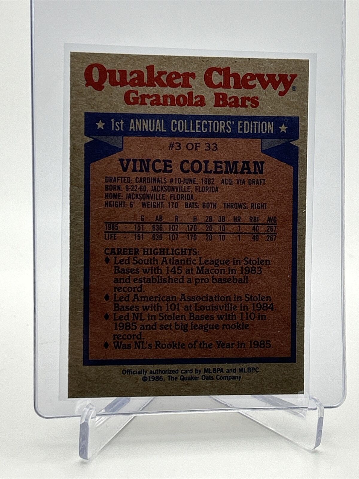 1986 Topps Quaker Vince Coleman Rookie Baseball Card #3 NM-Mint FREE SHIPPING
