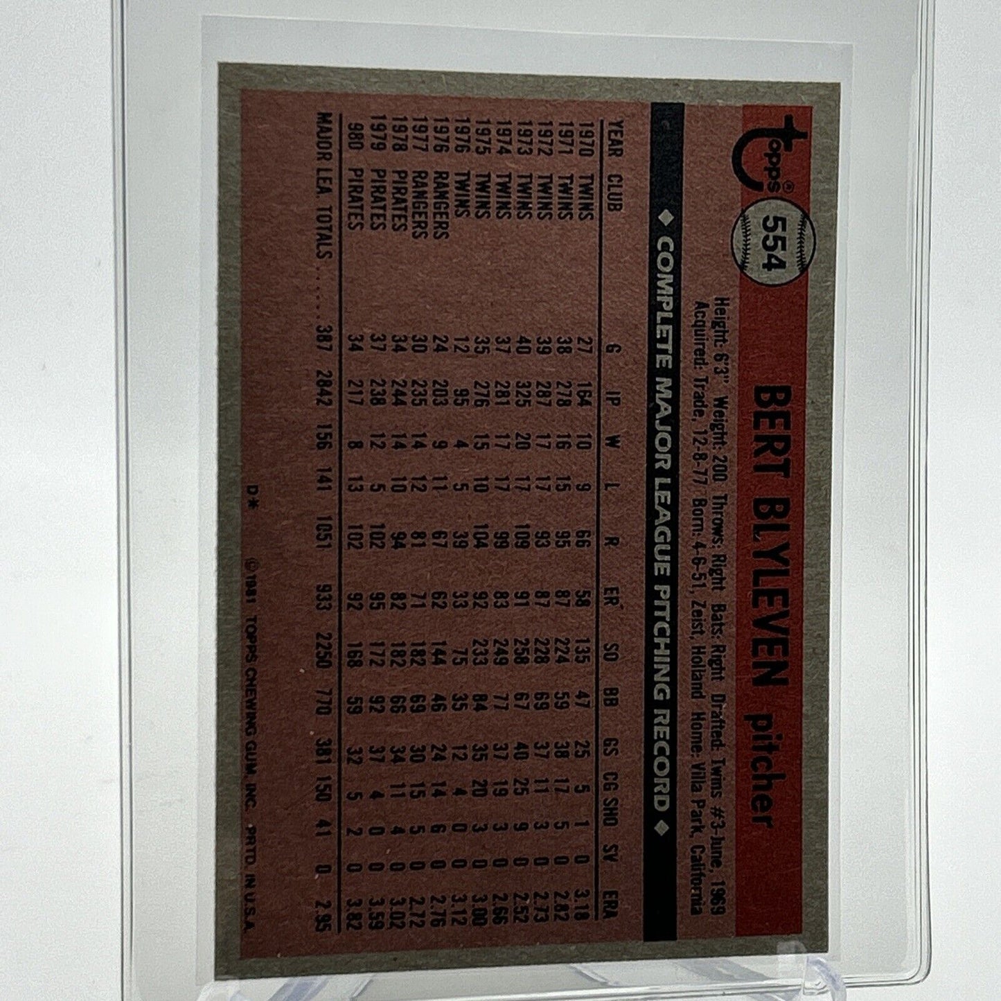 1981 Topps Bert Blyleven Baseball Card #554 NM-Mint FREE SHIPPING