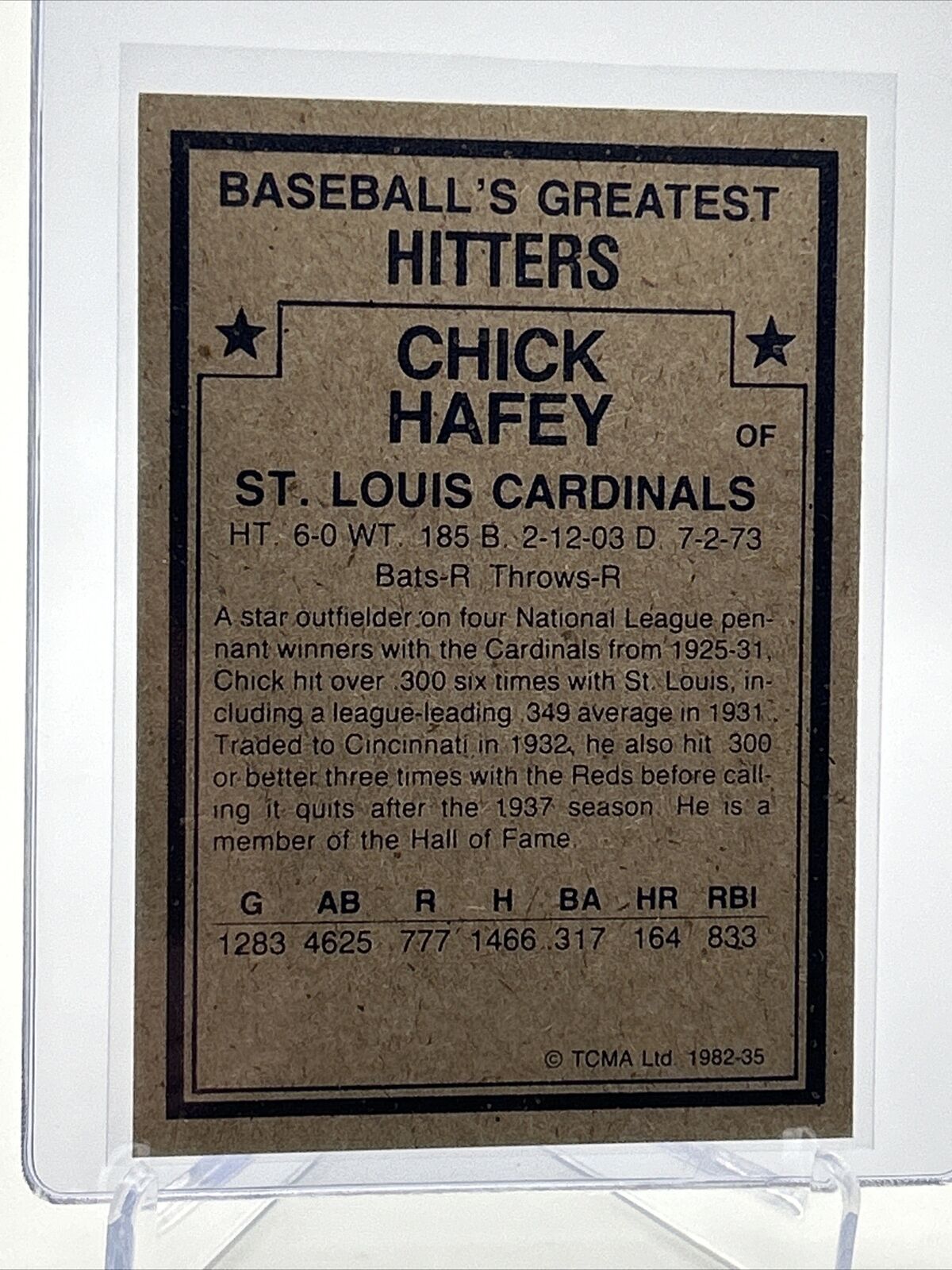 1982 TCMA Greatest Hitters Chick Hafey Baseball Card #35 Mint FREE SHIPPING