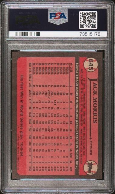 1989 Topps Jack Morris Baseball Card #645 PSA 9