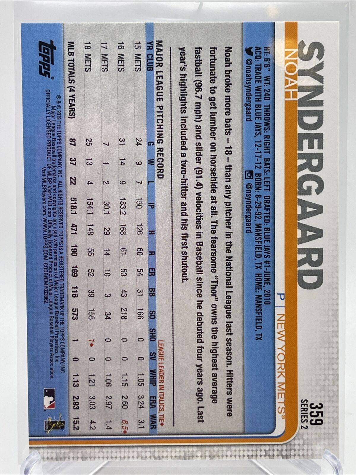 2019 Topps Noah Syndergaard Baseball Card #359 Mint FREE SHIPPING